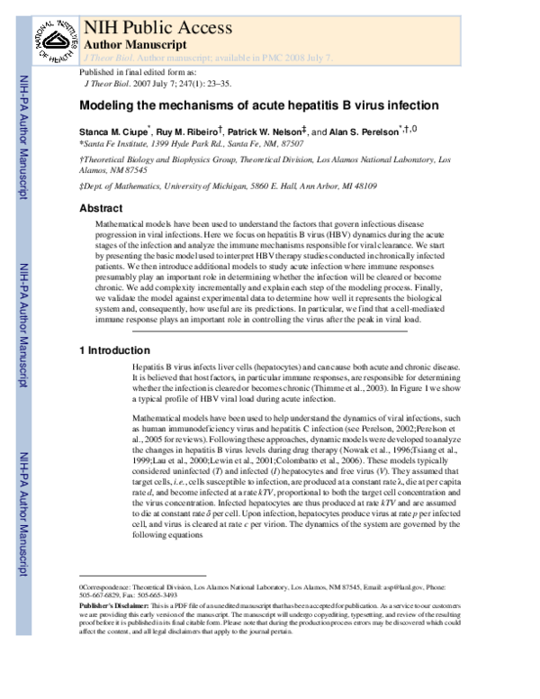 (PDF) Modeling the mechanisms of acute hepatitis B virus infection