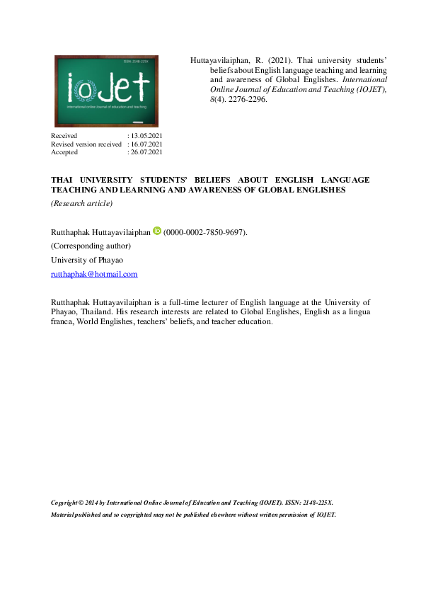 (PDF) THAI UNIVERSITY STUDENTS' BELIEFS ABOUT ENGLISH LANGUAGE TEACHING ...