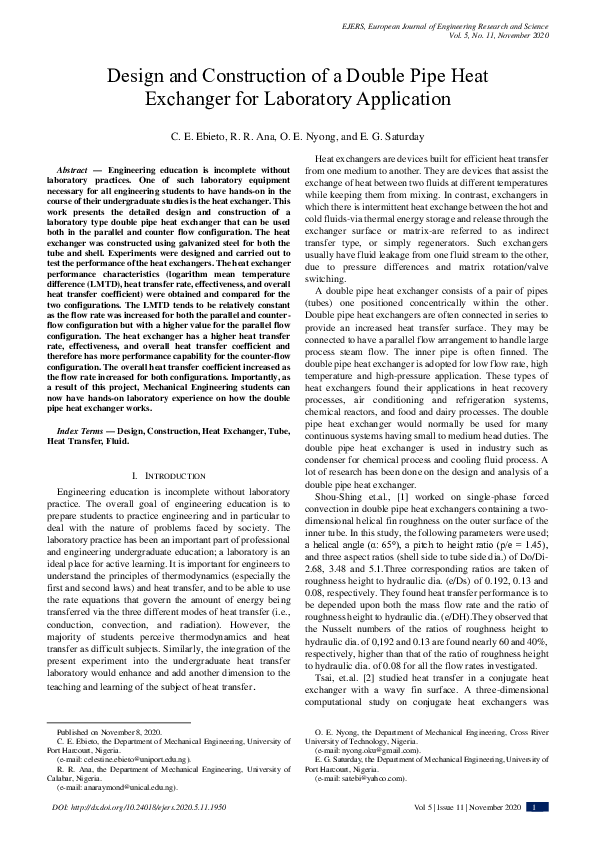 (PDF) Design and Construction of a Double Pipe Heat Exchanger for ...