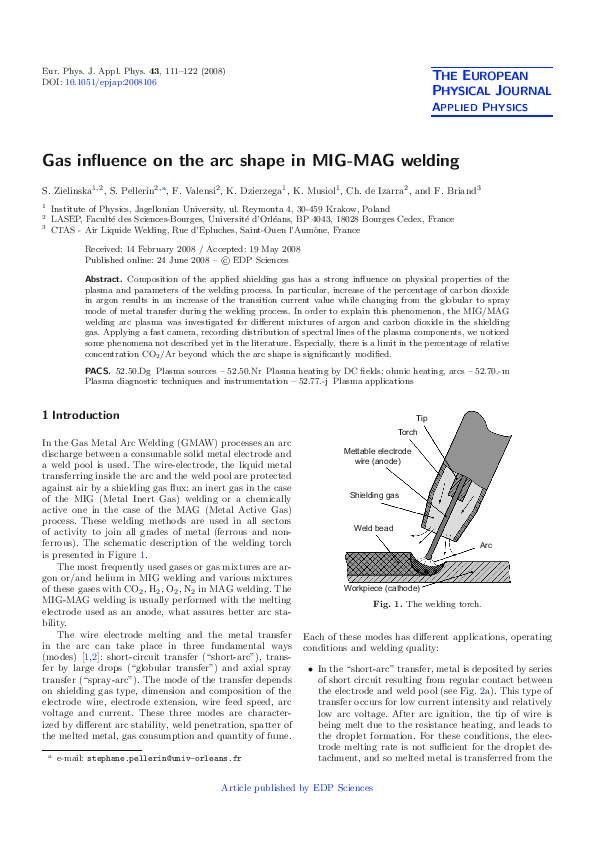 (PDF) Gas influence on the arc shape in MIG-MAG welding