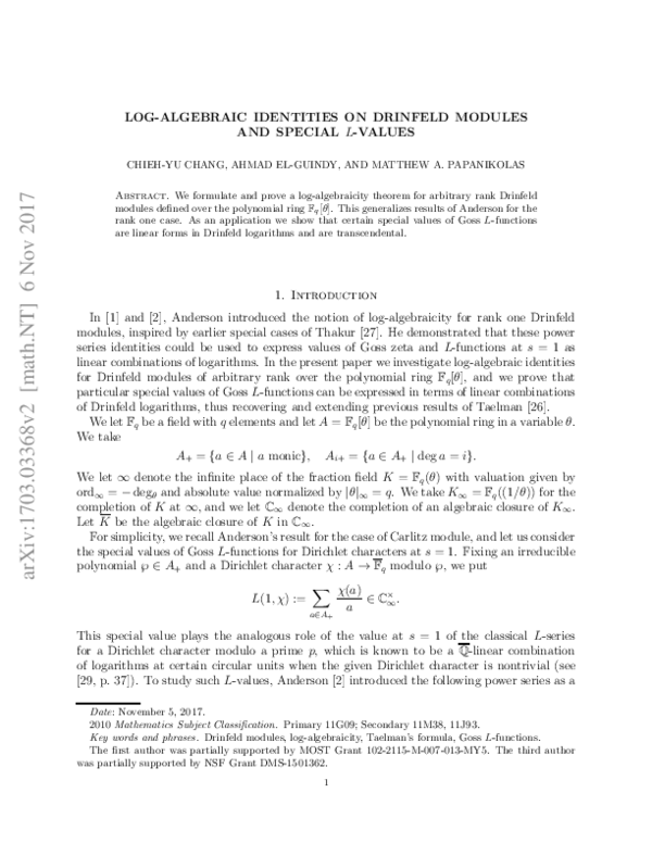 (PDF) Log-algebraic identities on Drinfeld modules and special L-values