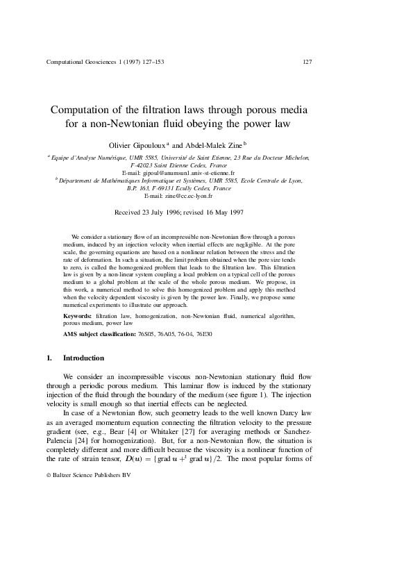 (PDF) Computation of the filtration laws through porous media for a non ...