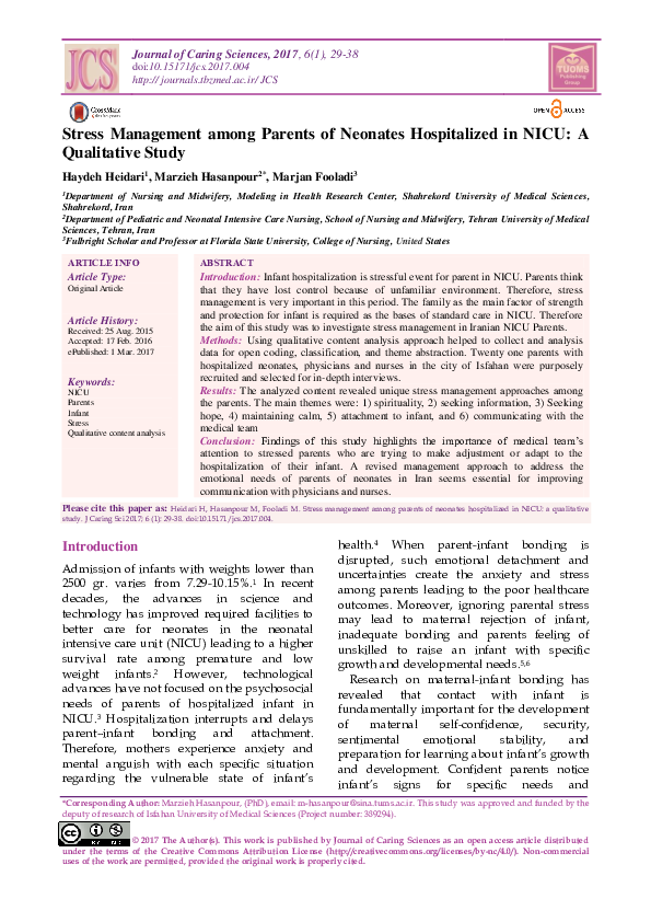 (PDF) Stress Management among Parents of Neonates Hospitalized in NICU ...