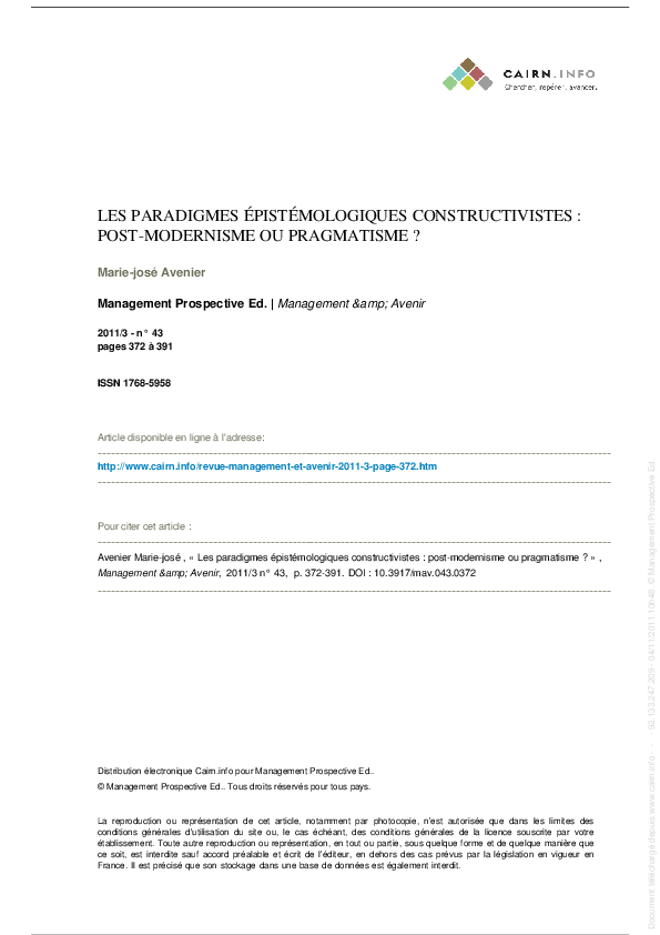 Pdf Les Paradigmes Epistemologiques Constructivistes Pragmatisme Ou Post Modernisme Marie Jose Avenier Academia Edu