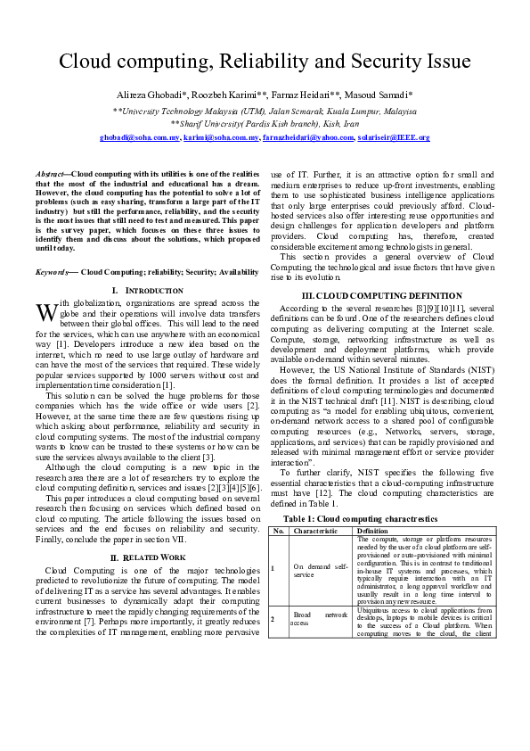 (PDF) Cloud computing, reliability and security issue