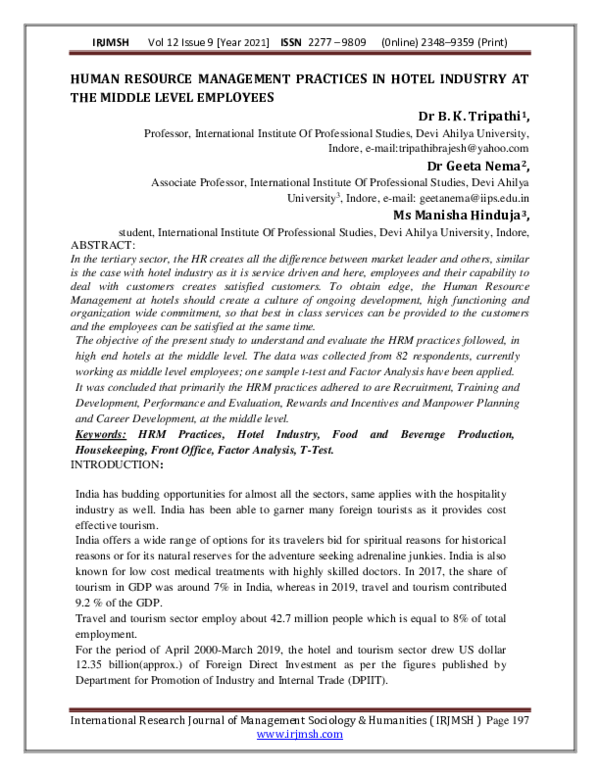 (PDF) HUMAN RESOURCE MANAGEMENT PRACTICES IN HOTEL INDUSTRY AT THE ...