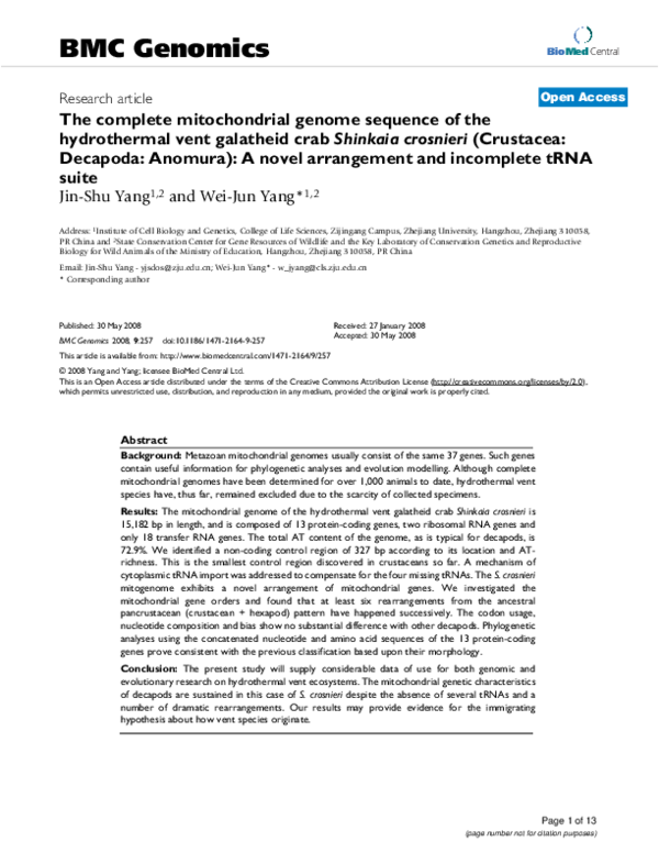 (PDF) The complete mitochondrial genome sequence of the hydrothermal ...