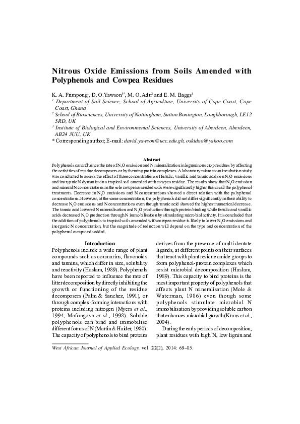 (PDF) Nitrous Oxide Emissions from Soils Amended with Polyphenols and ...