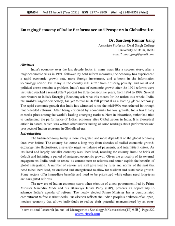 (PDF) Emerging Economy of India: Performance and Prospects in Globalization
