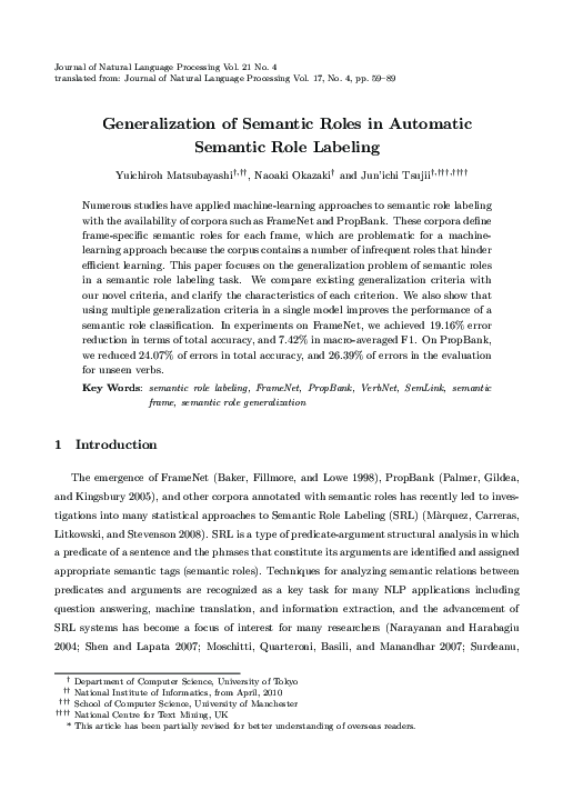 (PDF) Generalization of Semantic Roles in Automatic Semantic Role Labeling