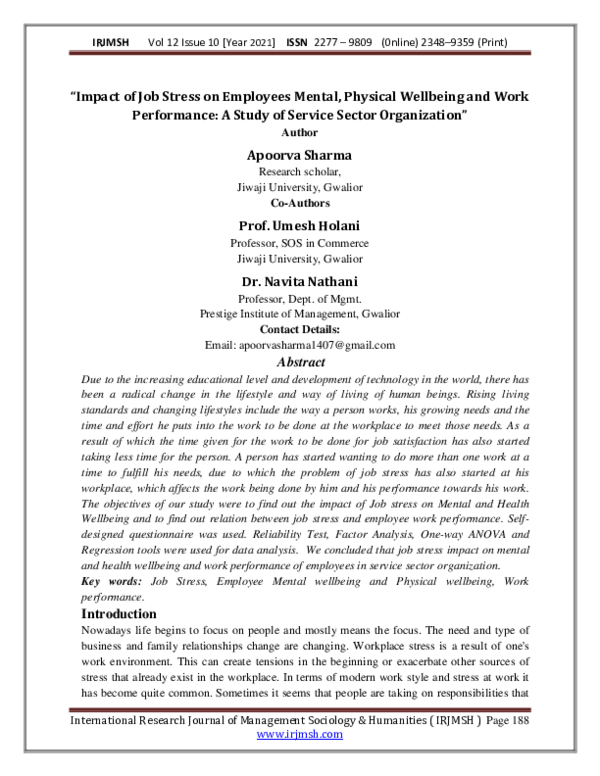 (PDF) "Impact of Job Stress on Employees Mental, Physical Wellbeing and ...