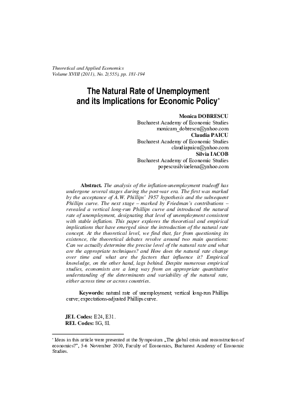 (PDF) The Natural Rate of Unemployment and its Implications for ...