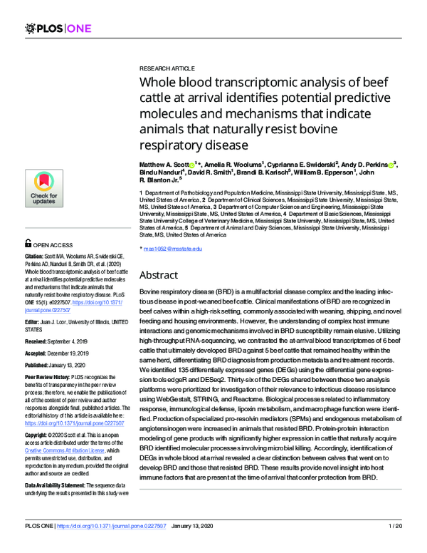 (PDF) Whole blood transcriptomic analysis of beef cattle at arrival ...