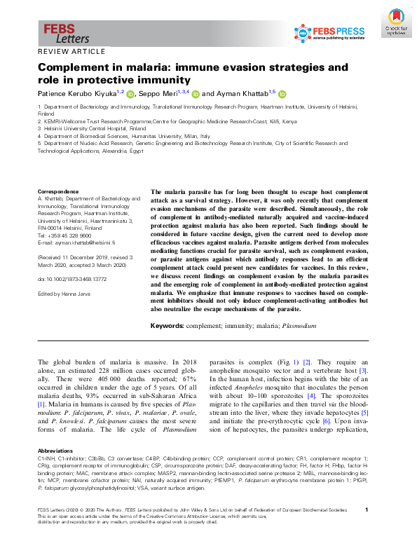 (PDF) Complement in malaria: immune evasion strategies and role in ...