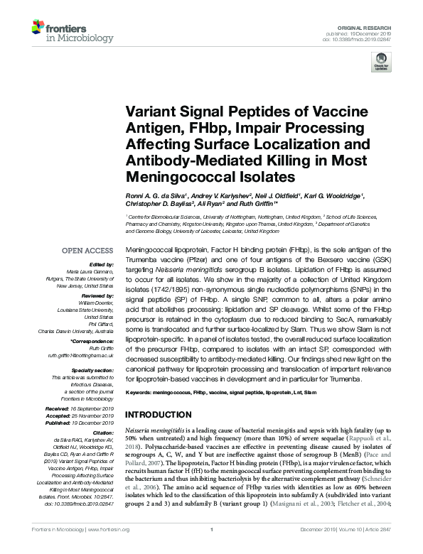 (PDF) Variant Signal Peptides of Vaccine Antigen, FHbp, Impair ...