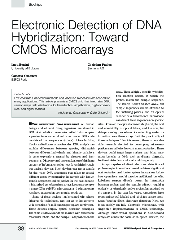 (PDF) Electronic detection of DNA hybridization: toward CMOS microarrays
