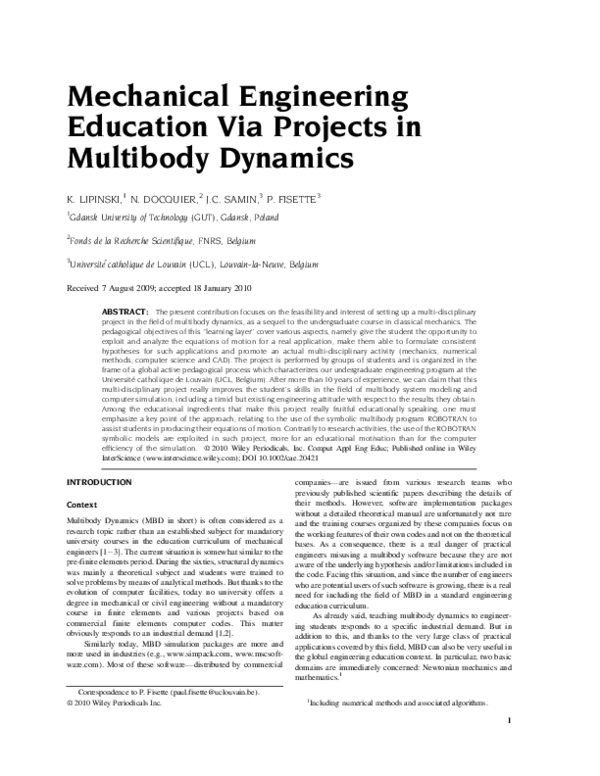 (PDF) Mechanical engineering education via projects in multibody dynamics