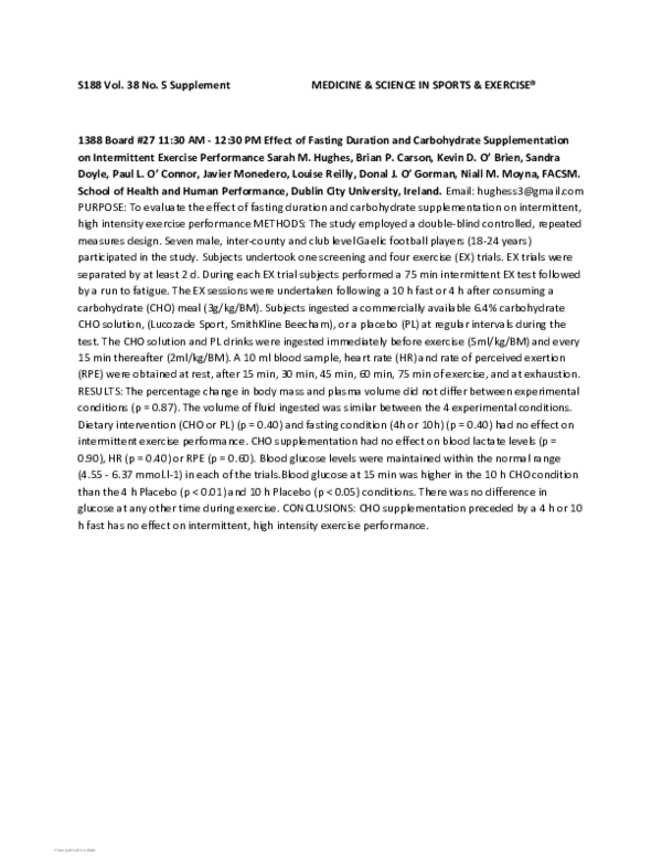 Effect of Fasting Duration and Carbohydrate Supplementation on Intermittent Exercise Performance
