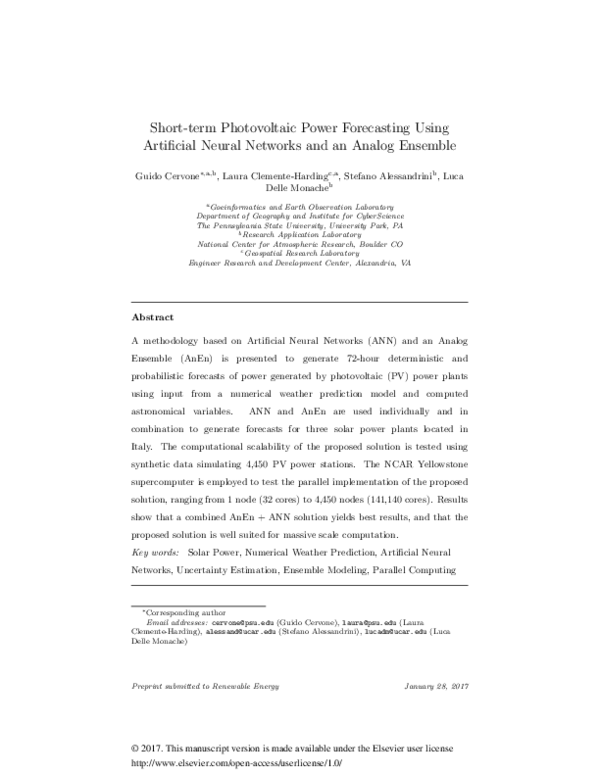 (PDF) Short-term photovoltaic power forecasting using Artificial Neural ...