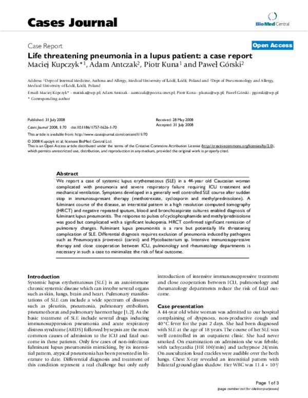 (PDF) Life threatening pneumonia in a lupus patient a case report
