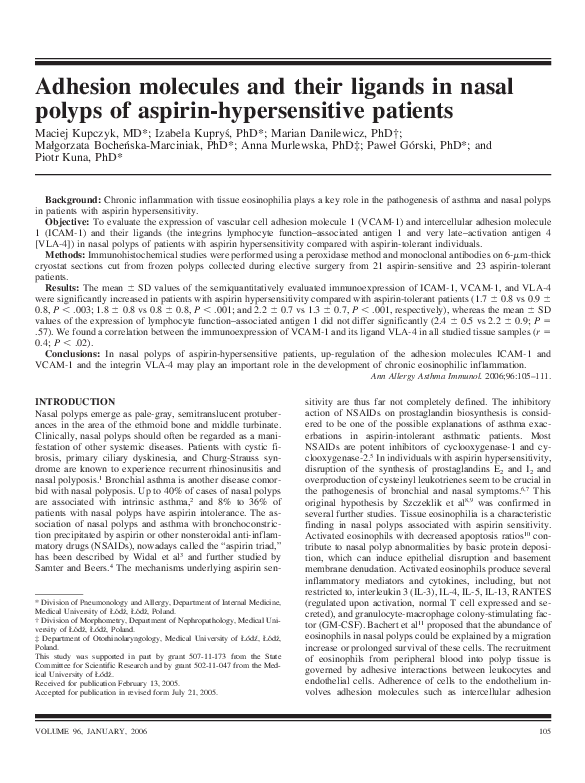 (PDF) Adhesion molecules and their ligands in nasal polyps of aspirinhypersensitive patients