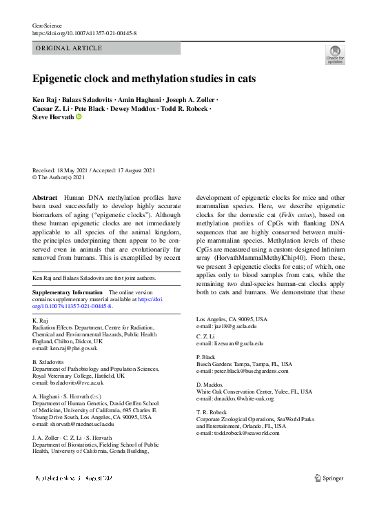 (PDF) clock and methylation studies in cats Todd Robeck