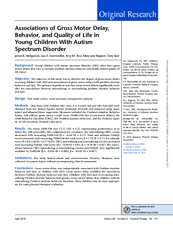 (PDF) Associations of Gross Motor Delay, Behavior, and Quality of Life ...