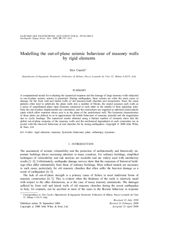 (PDF) Modelling the out‐of‐plane seismic behaviour of masonry walls by ...