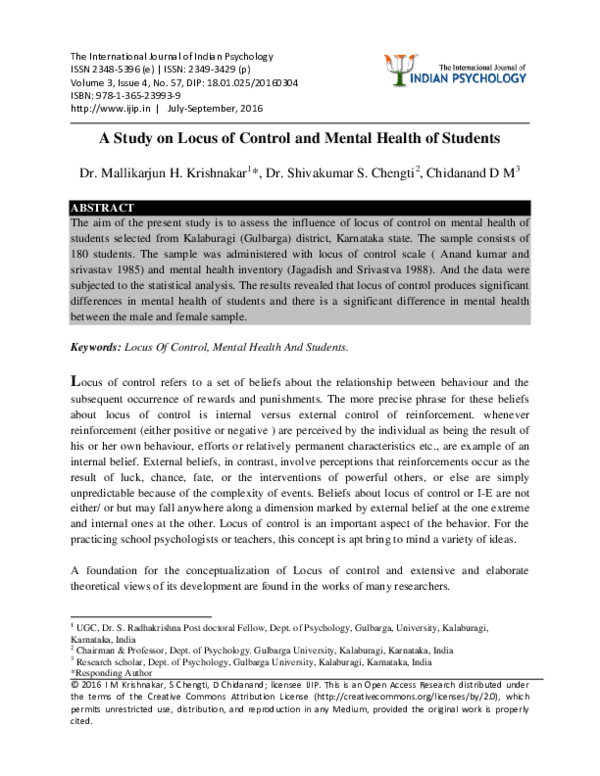(PDF) A Study on Locus of Control and Mental Health of Students
