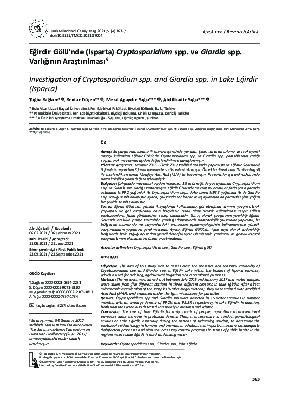 (PDF) Investigation of Cryptosporidium spp. and Giardia spp. in Lake ...