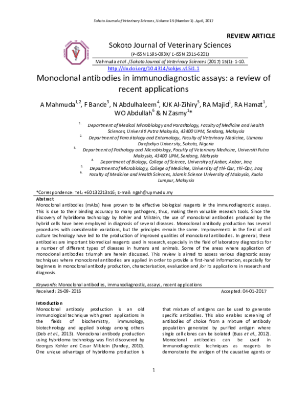 (PDF) Monoclonal antibodies in immunodiagnostic assays: a review of ...