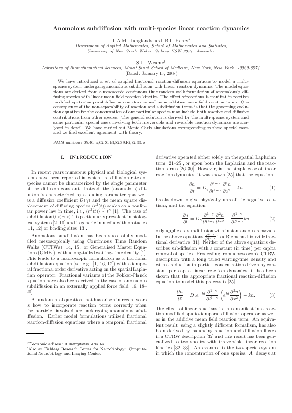 (PDF) Anomalous subdiffusion with multispecies linear reaction dynamics