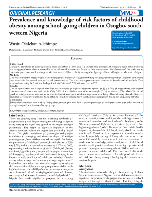(PDF) Prevalence and knowledge of risk factors of childhood obesity ...