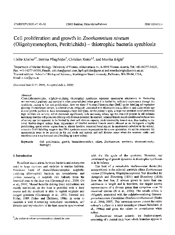 (PDF) Cell proliferation and growth in Zoothamnium niveum ...