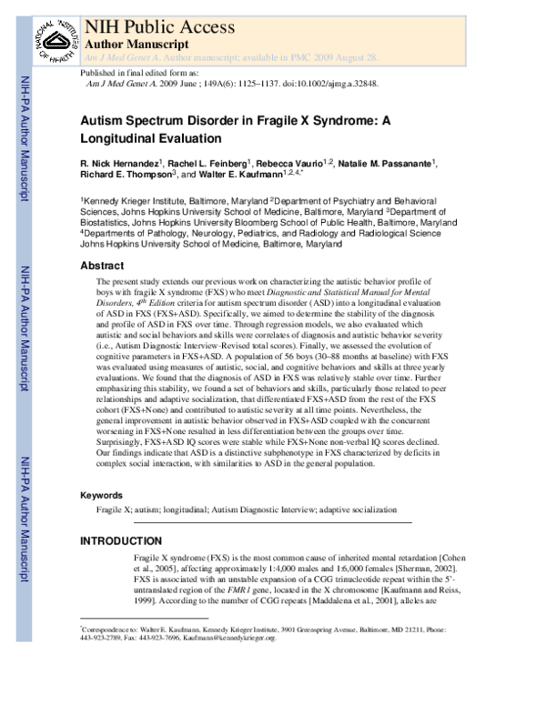 (PDF) Autism spectrum disorder in fragile X syndrome: A longitudinal ...
