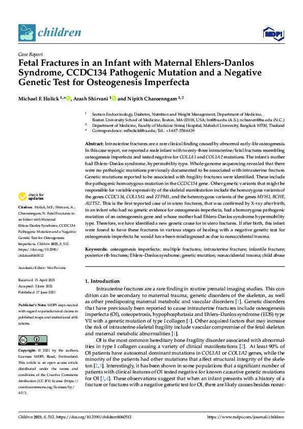 (PDF) Fetal Fractures in an Infant with Maternal EhlersDanlos Syndrome, CCDC134 Pathogenic