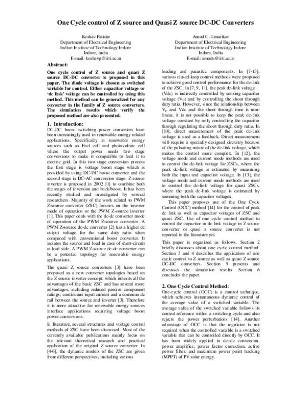(PDF) One Cycle control of Z source and Quasi Z source DC-DC Converters
