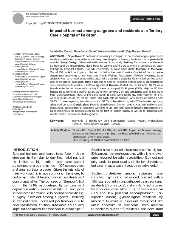 (PDF) Impact of burnout among surgeons and residents at a Tertiary Care ...