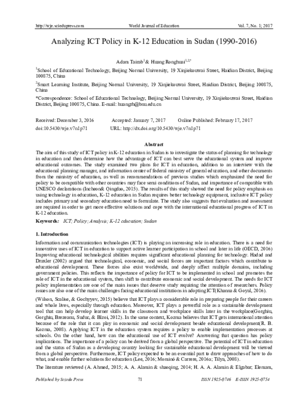 (PDF) Analyzing ICT Policy in K-12 Education in Sudan (1990-2016)