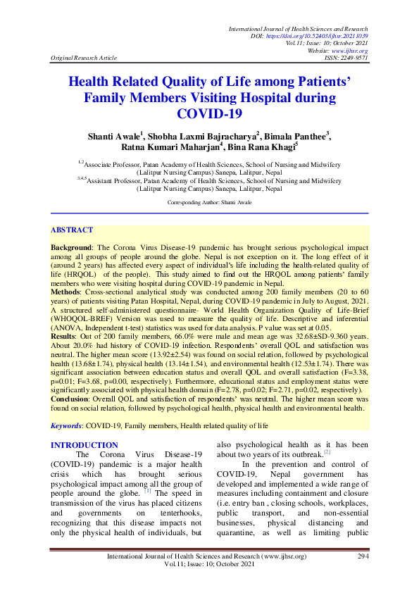 (PDF) Health Related Quality of Life among Patients' Family Members ...