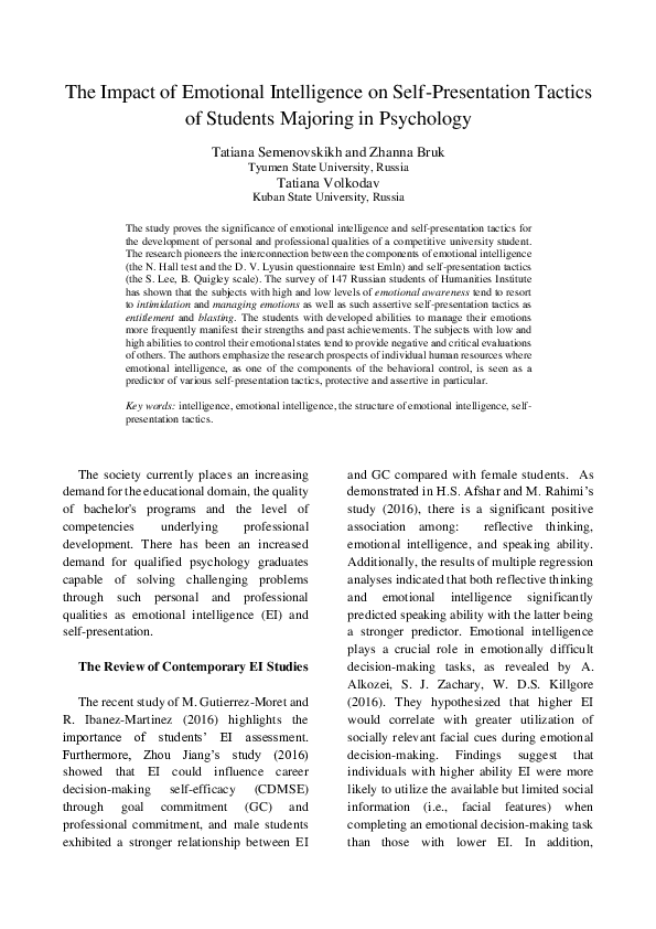 (PDF) The Impact of Emotional Intelligence on Self-Presentation Tactics ...