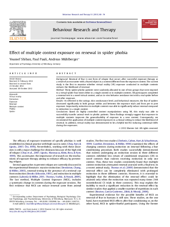 (PDF) Effect of multiple context exposure on renewal in spider phobia