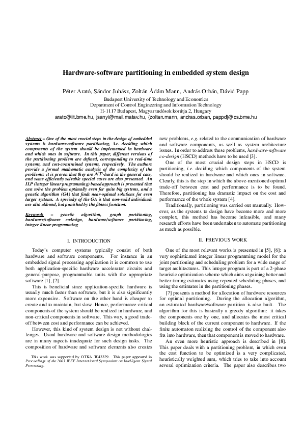 (PDF) Hardware/Software Partitioning In Embedded System Design Dávid