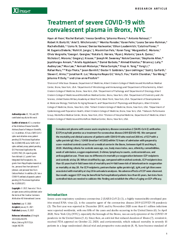 (PDF) Treatment of Severe COVID-19 with Convalescent Plasma in Bronx, NYC