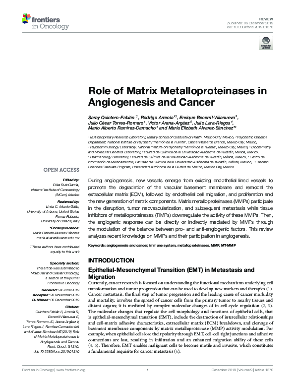 (PDF) Role of Matrix Metalloproteinases in Angiogenesis and Cancer