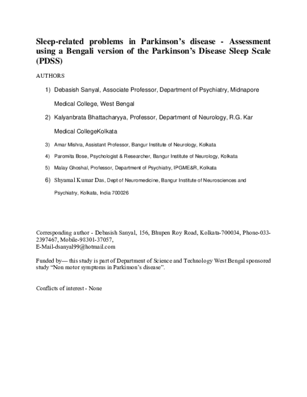 (PDF) Sleep-related problems in Parkinson's disease-Assessment using a ...