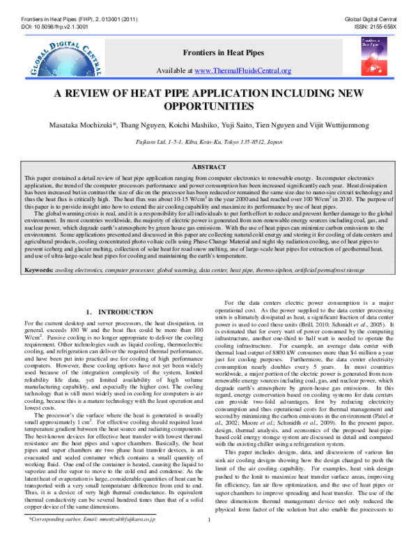 (PDF) A Review of Heat Pipe Application Including New Opportunities