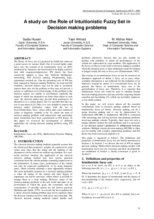 (PDF) A study on the Role of Intuitionistic Fuzzy Set in Decision ...
