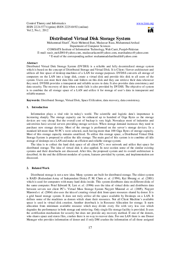 (PDF) Distributed Virtual Disk Storage System