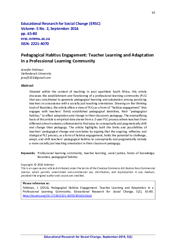 (PDF) Pedagogical habitus engagement: teacher learning and adaptation ...